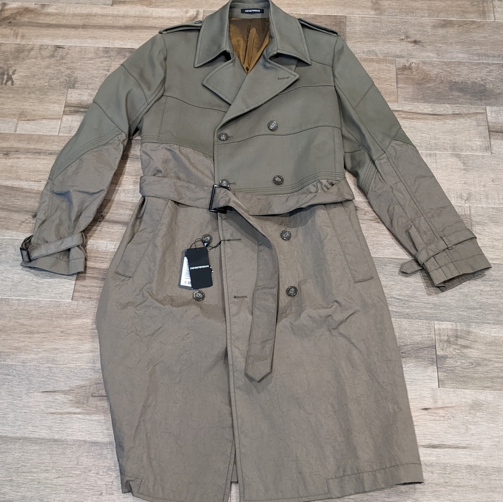 Mens Emporio Armani Double Breasted Trench Coat Khaki 52 US M/L